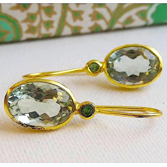 Green Amethyst Gold Plated Dangle Earrings Natural Gem Gemstone Jewelry - Picture 2 of 6